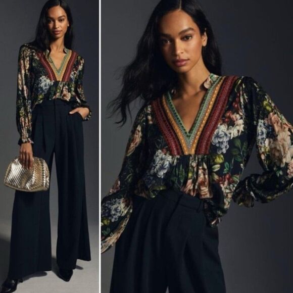 Bl^nk London X Anthropologie NWOT Stephanie Dark Floral Embroidered V-Neck Top - Picture 1 of 6